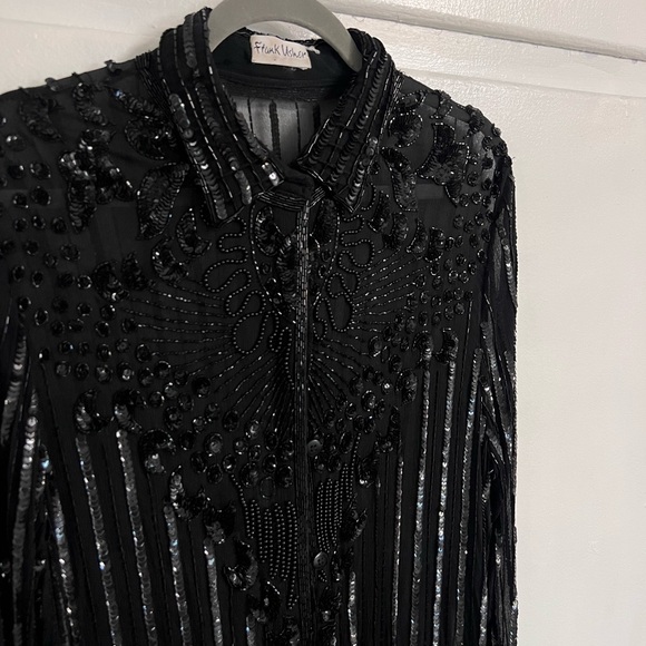 Frank Usher Design Black Beaded Sheer Button-Front Blouse - Picture 6 of 9